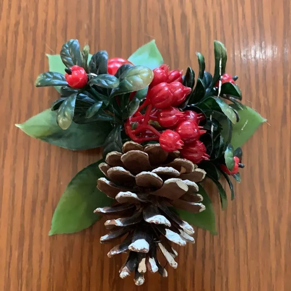 Vintage plastic Christmas corsage with pine‎ cone & holly berries